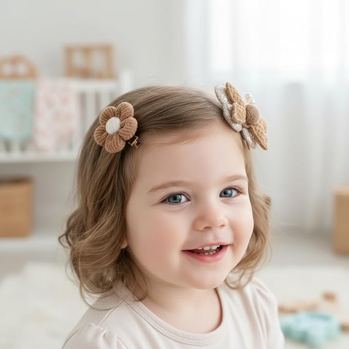 Hair Clips for Baby Girls-8 Pcs Beige Hair Accessories with Knitted Flower, Bow, Butterfly Designs-Soft Wool and Crochet Hairpins-Non-Slip Barrettes for Daily and Occasional Wear (Design 4-8pc Set)