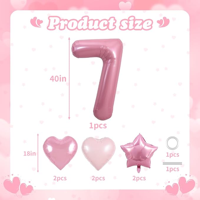 TONIFUL 7th Birthday Balloons Kit 40 Inch Pink Large Number 7 Foil Balloon | - Image 2