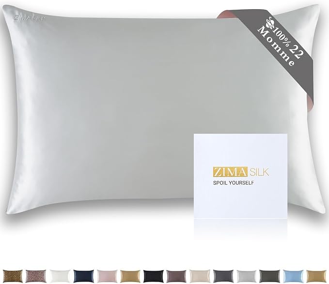 ZIMASILK 22 Momme Silk Pillowcase for Hair and Skin - 100% Pure Mulberry Silk with Hidden Zipper, Grade 6A Luxury Pillow Case for Women, Soft & Durable, Gift Box (Queen 20"x30" Light Grey)