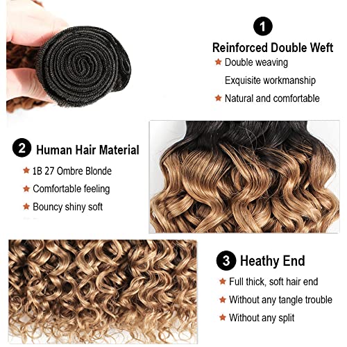 Honey Blonde Bundles Human Hair Ombre Deep Wave Bundle 22 24 26 Inch Peruvian Virgin Remy Hair Extensions Double Weft 2 Tone Black and Blonde Deep Wave Bundle Hair Weave 150g