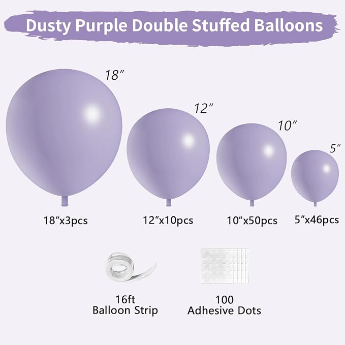 Dusty Purple Double Stuffed Balloons Different Size 115Pcs 5/10/12/18" Light - Image 2