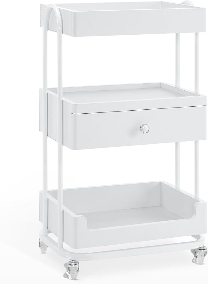 BarberPub Salon Trolley Cart with Lockable Wheels, Salon Cart with Drawer, Storage Trolley for Barber Shop, Spa 2086 (White)