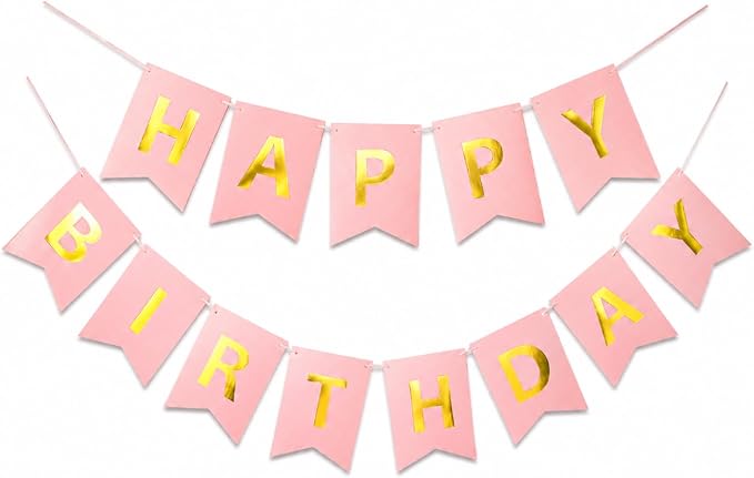 Letjolt Pink Happy Birthday Banner Girls Party Signs 13 Pcs | Golden Sparkle by Letjolt