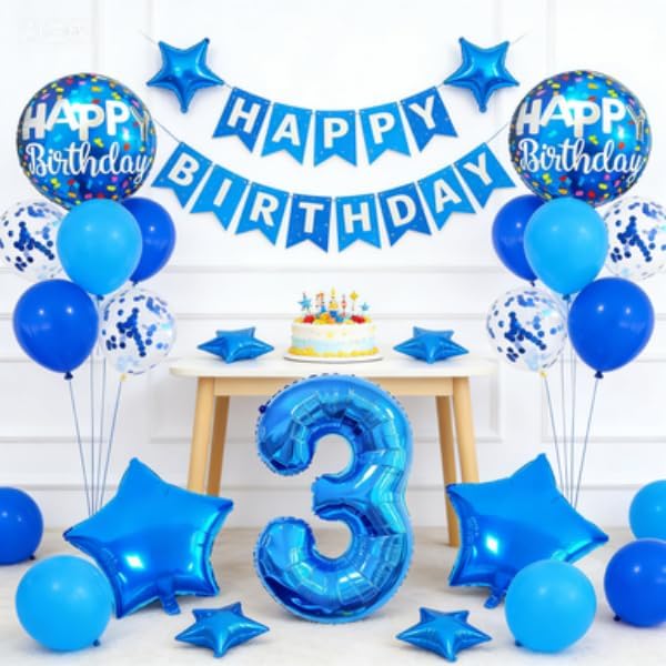 3rd Birthday Large Foil Balloons Blue， Balloon Decorations - Image 3