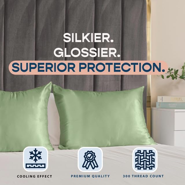 BLISSFORD Satin Pillowcase with Zipper, for Hair and Skin Care, Feels Soft and Cool Like a Silk Pillowcase, Satin Pillow Cases 2 Pack, Slik Pillow Cover, Sage Green -King Size -Set of 2