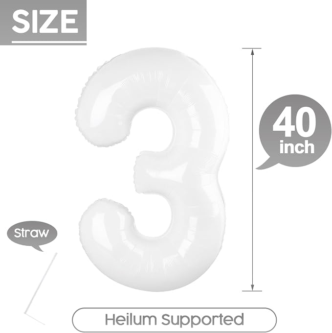 3 Balloon - White Birthday Number Balloons, 40 Inch Decorations Men Women | - Image 5