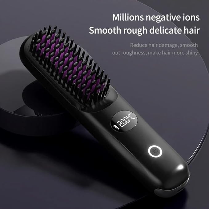 Cordless Hair Straightener Brush: Portable Rechargeable Heated Straightening Comb with LED Display & 3 Temperature Settings - Travel Hair Brush for Smooth Frizz-Free Styling (White)
