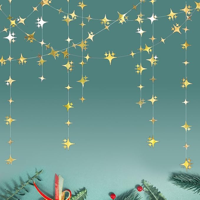 Glitter Gold Four-Angle Star Paper Garland Banner Décor 40 Feet Gold Twinkle by Yilzo
