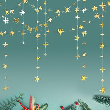 Glitter Gold Four-Angle Star Paper Garland Banner Décor 40 Feet Gold Twinkle by Yilzo
