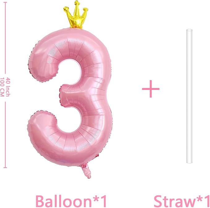 40 Inch Crown Pink Number 3 Balloon, Big Conjoined Light Pink Foil Mylar Helium - Image 2
