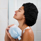 Reusable Shower Cap for Women, Large Waterproof Shower Bonnet Washable Elastic Band Bath Accessories Hair Hat for Long Hair, Braids(Black)