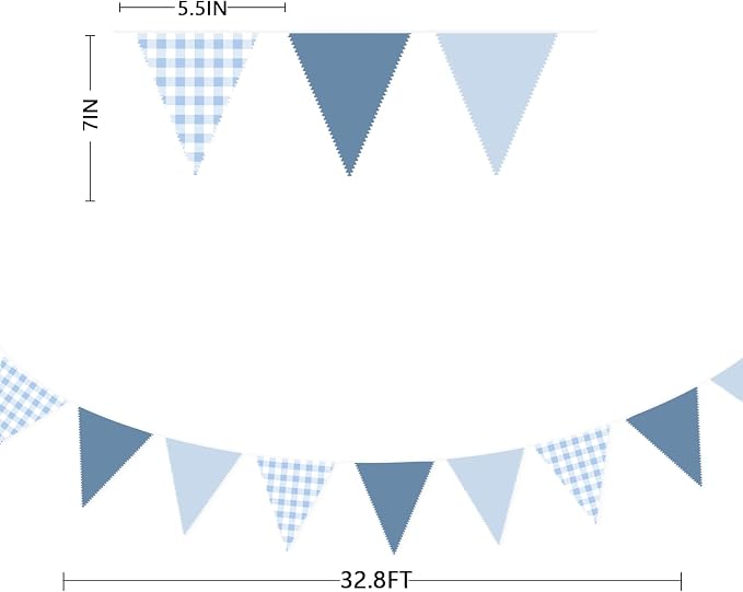 32Ft Dusty Blue Party Decorations Retro Blue Gingham Triangle Banner Flag - Image 3