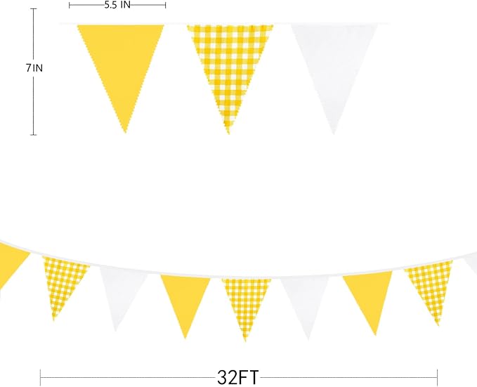 32Ft Yellow Party Decorations Yellow White Plaid Checkered Pennant Banner - Image 6