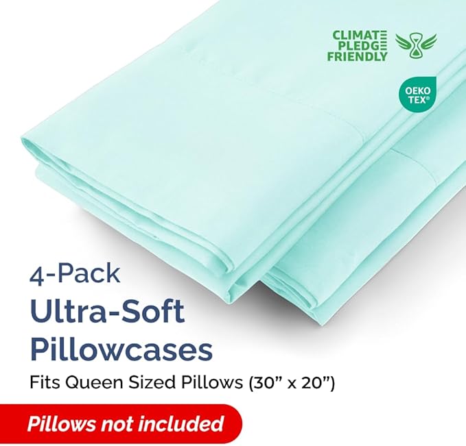 Queen Pillow Cases - 4 Pack - Super Soft Pillowcase Covers - Envelope Enclosure - Hotel Quality Pillow Protectors - Wrinkle Free, Shrink and Stain Resistant - Machine Washable - 20" x 30" (Spa Blue)