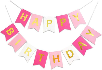 Letjolt Pink Rose White Happy Birthday Banner by Letjolt