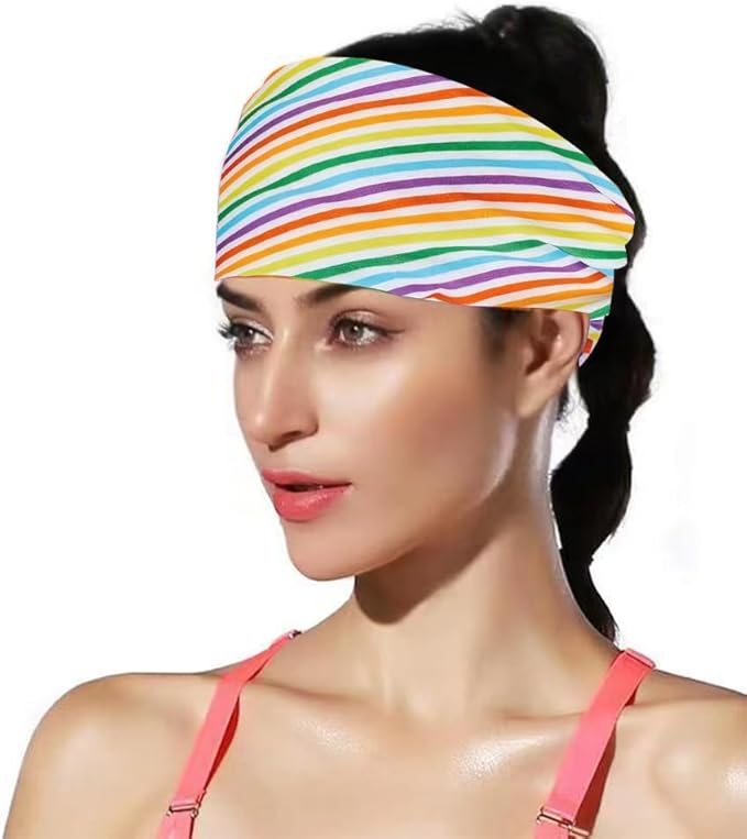 Rainbow Headband for Women Non Slip Elastic Sweat Hairbands Fashion Sports Hair Bands Soft Cloth Fabric Stretchy Headband for Running Workout Yoga