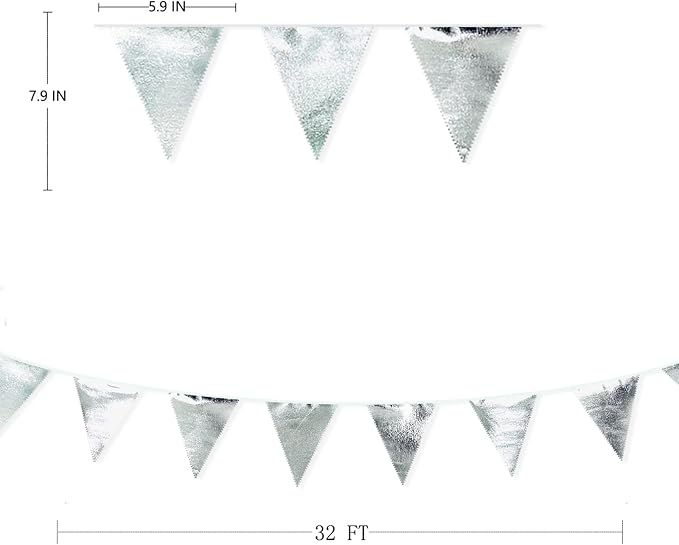 Silver Party Decorations Metallic Fabric Triangle Pennant Banner Silver Flag - Image 2