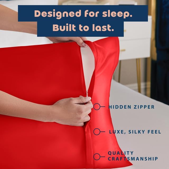BLISSFORD Satin Pillowcase with Zipper, for Hair and Skin Care, Feels Soft and Cool Like a Silk Pillowcase, Red Satin Pillow Cases Set of 2, Slik Pillow Cover, Queen Size - 2 Pack