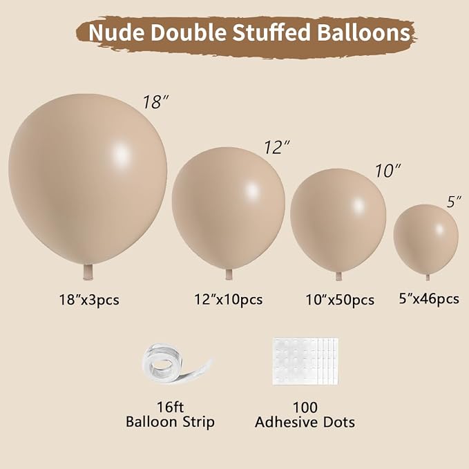 Nude Beige Double Stuffed Balloons Different Size 115Pcs 5/10/12/18" Tan - Image 2