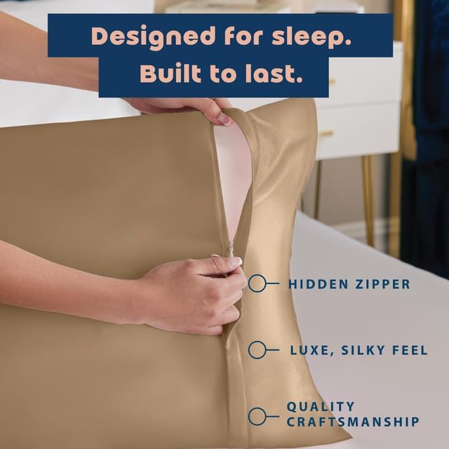 BLISSFORD Satin Pillowcase with Zipper, for Hair and Skin Care, Feels Soft and Cool Like a Silk Pillowcase, Beige Satin Pillow Cases 2 Pack, Slik Pillow Cover, Standard Size, Set of 2
