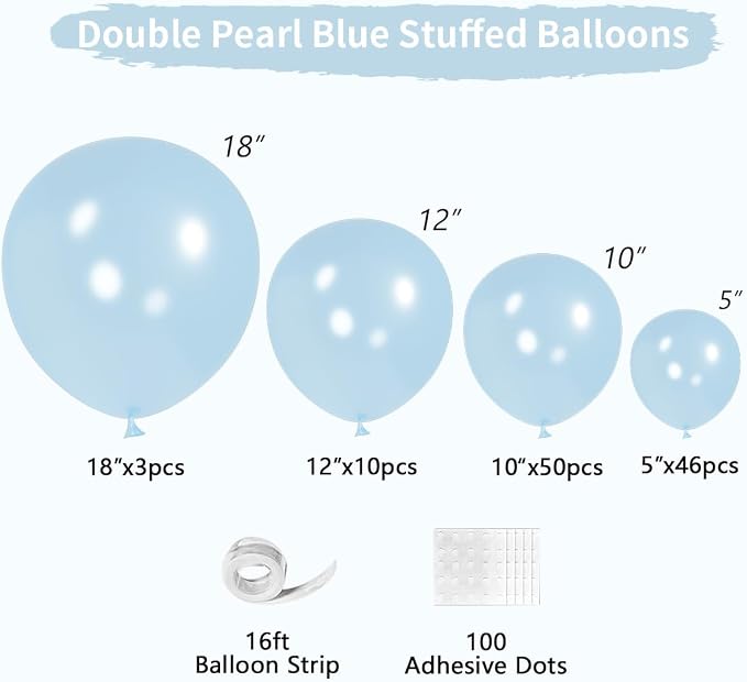 Double Pearl Blue Stuffed Balloons Different Size 115Pcs 5/10/12/18" Light Blue - Image 2