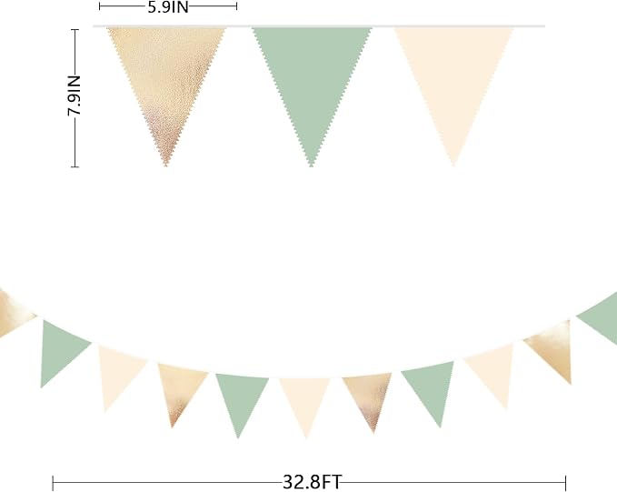 Sage Green Beige Champagne Gold Party Decorations Metallic Fabric Triangle - Image 2