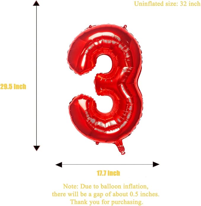 32 Inch Red Number 3 Balloons Foil Ballon Digital Birthday Party Decoration - Image 4