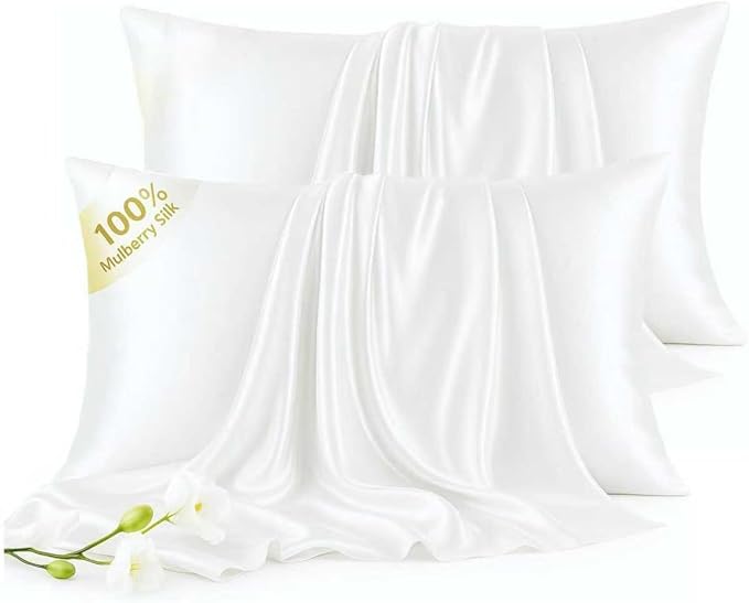 Set of 2 100% Silk Pillow Cases King - 6A Luxury Mulberry Silk Pillowcase for Hair and Skin - Anti-Wrinkle, Cooling & Smooth, Hidden Zipper - Pillowcases for Sleeping Women Girl, Boy, White