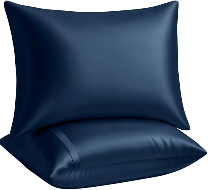 BLISSFORD Satin Pillowcase with Zipper, for Hair and Skin Care, Feels Soft and Cool Like a Silk Pillowcase, Satin Pillow Cases 2 Pack, Slik Pillow Cover, Navy - King Size, Set of 2