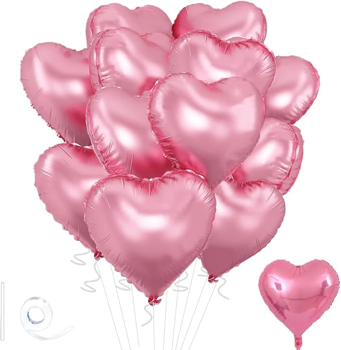 Pink Heart Balloons, 18inch Bright Pink Heart Shaped Foil Balloons 12Pcs Helium by Wuhetyo