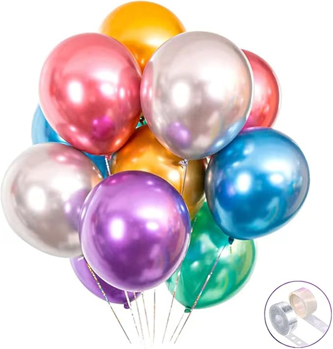 100 Pack 12 Inch Bright Chrome Metallic Latex Helium Birthday Balloons | Perfect by JHBVHBH