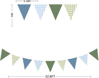 32Ft Blue Green Party Decorations Dusty Blue Sage Green Gingham Fabric Triangle - Image 3