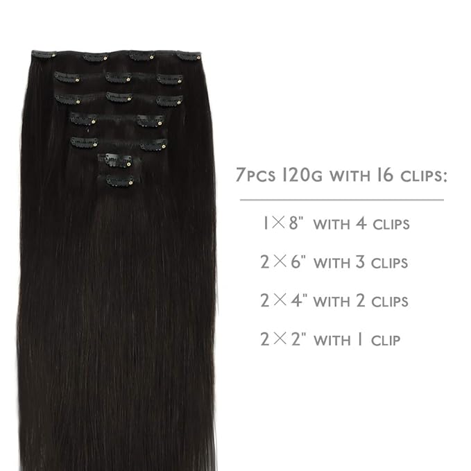 WENNALIFE Clip in Human Hair Extensions, 20 Inch 120g 7pcs Natural Black Hair Extensions Clip In Human Hair Remy Clip in Hair Extensions Real Human Hair Double Weft