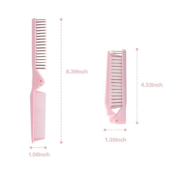 RHOS 2-Pieces Mini Folding Combs for Purse and Travel, Double Headed Small Combs and Brush Set for Women,Girls (Pink & Purple)