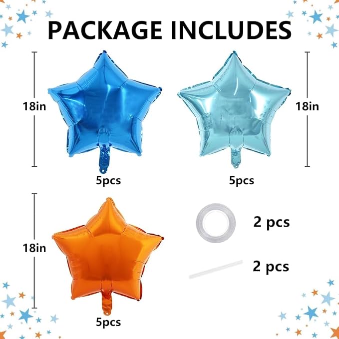 TONIFUL 15 Pack Blue Light Blue Orange Star Foil Balloons | 18 Inch Mylar Star - Image 2