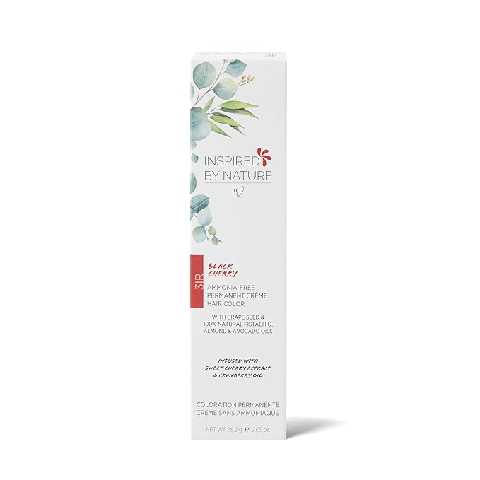 ion Inspired By Nature Permanent Hair Color Black Cherry 3IR, made from 100% naturallyderived polymers, cruelty free, vegan, PPD free, recyclable packaging, 2.05 oz