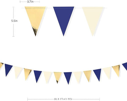 30Ft Navy Blue Gold and Beige Party Decorations Royal Blue Gold Triangle Flag - Image 2