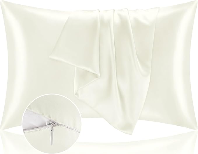 BEDELITE Satin Pillowcase with Zipper 2 Pack, Ivory Pillow Cases Standard Size, Super Soft and Cooling Similar to Silk Pillow Cases, Gift for Women Men(20x26 Inches)