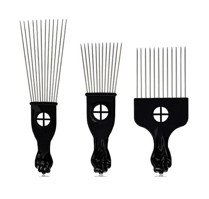 Black Metal Afro Pick Combs for Curly Hair - Detangle & Style Comb for Women and Men, Durable Plastic & Metal, Fist Design for Hair Styling, Perfect for Wigs (3 Pack Hair Comb, Count, 3)