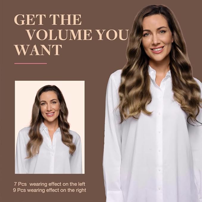GOO GOO Clip in Hair Extensions Real Human Hair, Remy Human Hair Extensions Clip ins for Women, Natural Human Hair, 20inch 150g 9Pcs, 4/27/4 Balayage Chocolate Brown to Caramel Blonde