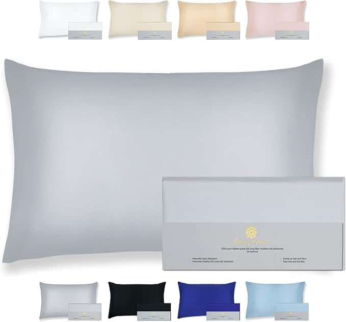 25 Momme Premium Mulberry Silk Pillowcase for Hair and Skin | Handcrafted Hypoallergenic & Anti-Acne Silk Pillow Cases with Zipper | King - 20" x 36", Silver Lining