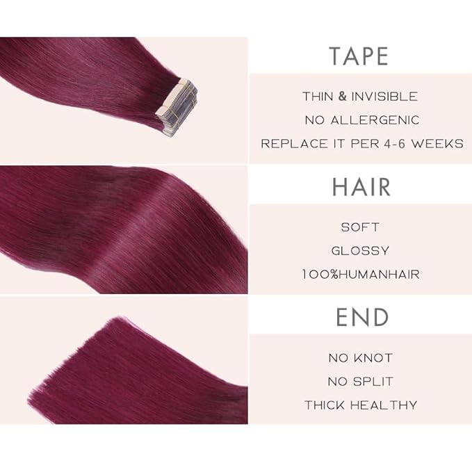 Tape in Hair Extensions Human Hair 20pcs Remy Hair Extensions 22 Inch Burgundy Straight Invisible Human Hair Tape in Extensions Skin Weft Tape Extensions Human Hair (99J#,22 Inch)
