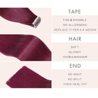 Burgundy Tape in Hair Extensions Human Hair 16 Inch Wine Red 99J Invisible Tape in Hair Extensions Double Sided Seamless Skin Weft Hair (#A99J,16 Inch)