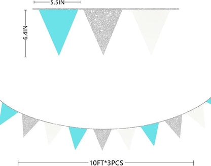 Teal Blue and Silver White Pennant Banner Flag Hanging Glitter Paper Triangle - Image 2