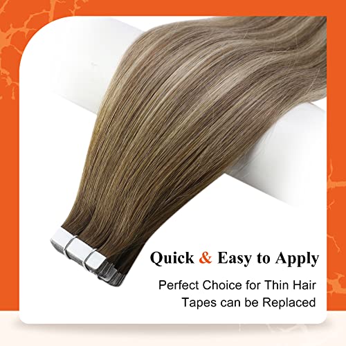 Full Shine Seamless Tape in Hair Extensions 16Inch Color Dark Brown 3 Fading to 8 and 22 Blonde Double Sided Tape in Extension Human Hair Skin Weft 50G Straight for Women Add Volume 20Pcs