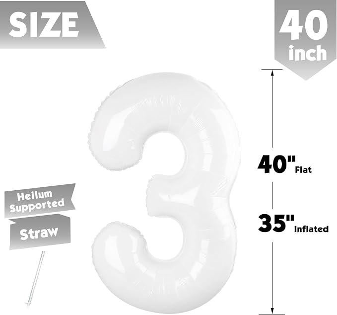 40 Inch White Number 3 Balloon Birthday Party Decorations - Image 5