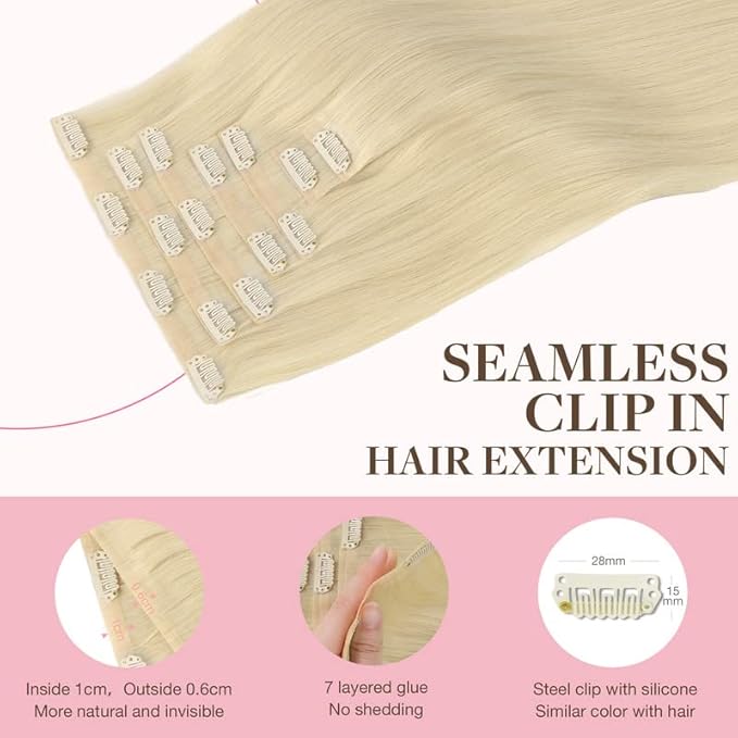 GOO GOO Clip in Hair Extensions Real Human Hair, Remy Human Hair Extensions Clip ins for Women, Natural Human Hair, 18inch 110g 7Pcs, 60A Platinum Blonde