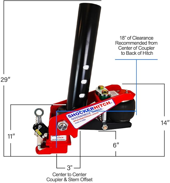 Shocker 30K Gooseneck Surge Air Hitch & Shift Lock Coupler for 2-5/16" Ball, 3-15/16" Square Top Crank