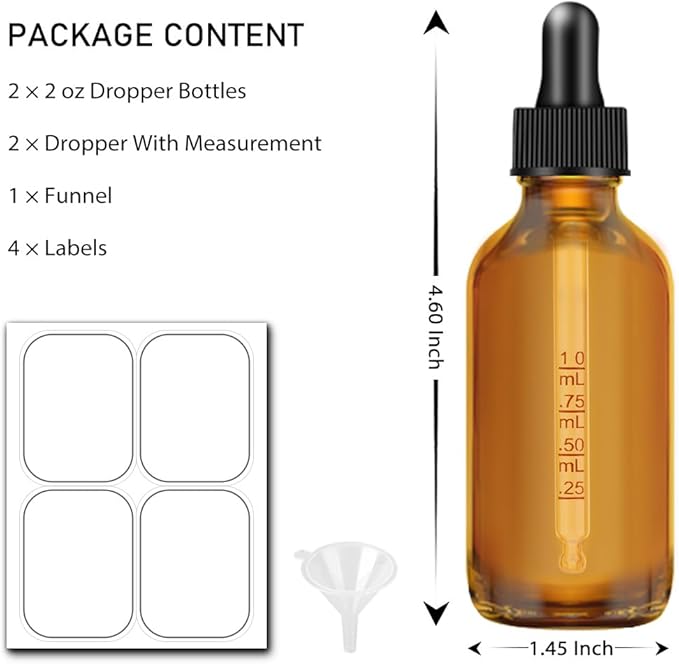 Bumobum Dropper Bottle 2 oz, 2 pack Amber Glass Eye Dropper Bottles with Labels and Funnel, Tincture Bottle with Measured Dropper - Leakproof Essential Oils Bottles for Health, Personal Care & Beauty