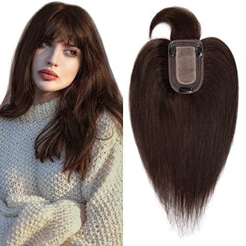 SEGO Human Hair Toppers for Women with Thinning Hair, Toppers Hair Pieces Clip in Toppers Straight Hair Pieces with Front Bangs 150% Density Silk Base -14 Inch #2 Dark Brown